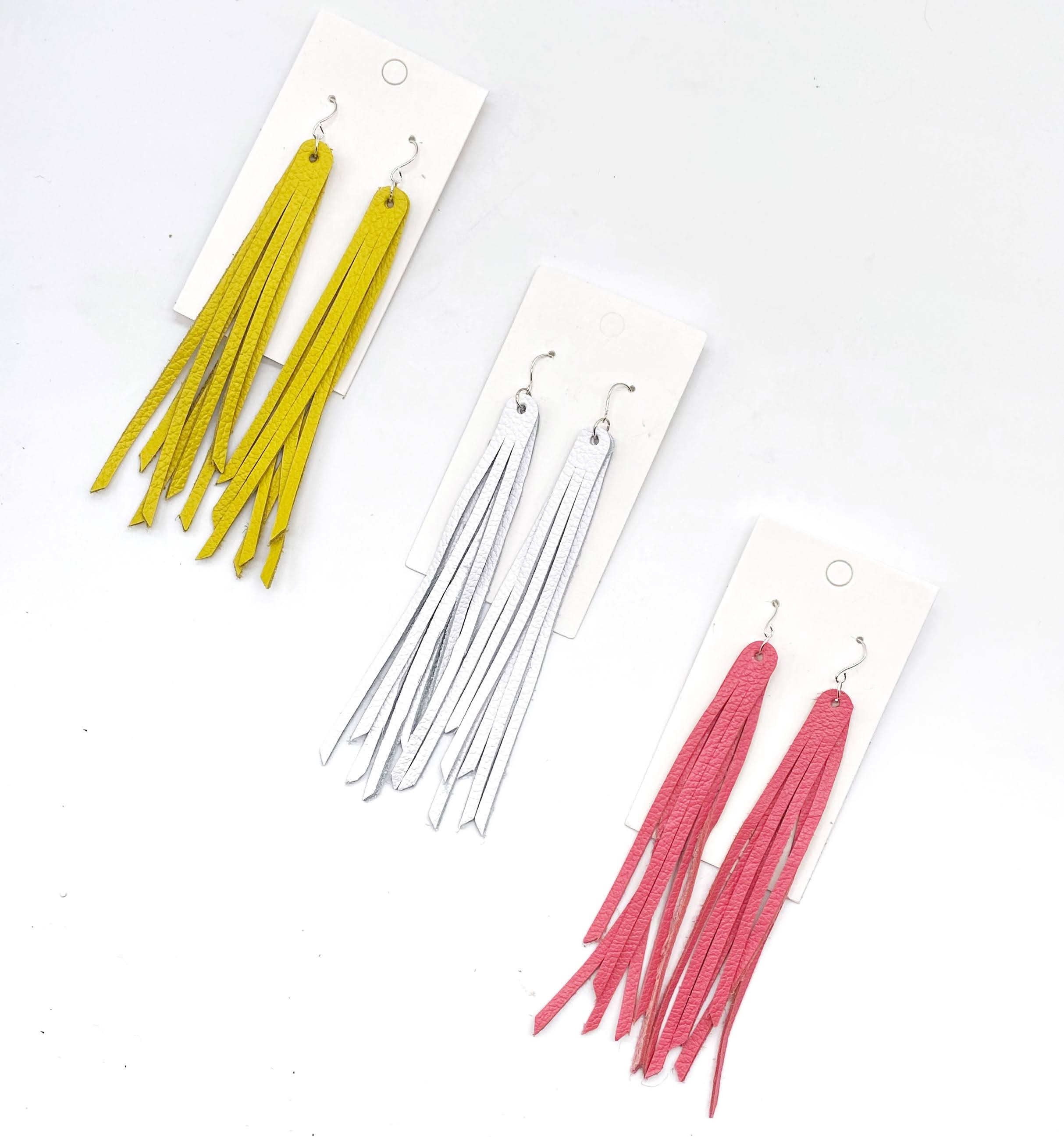White Long Fringe Leather Earrings