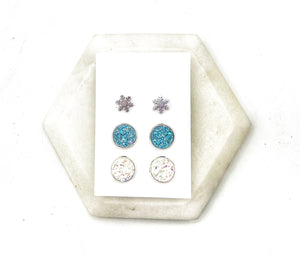 Frozen Winter Druzy Stud Trio Earrings