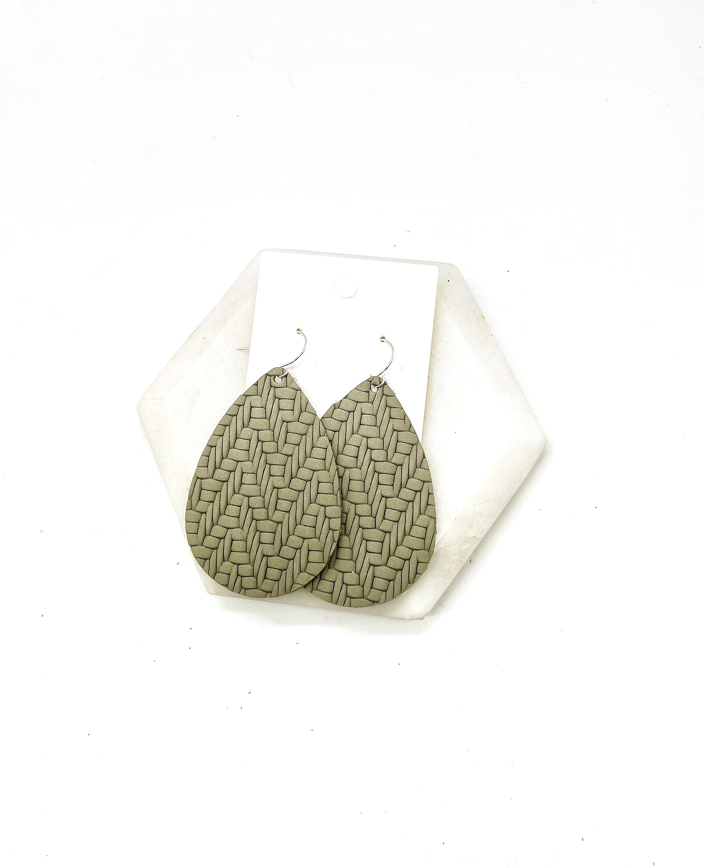 Olive Green Knit Leather Teardrop Earrings