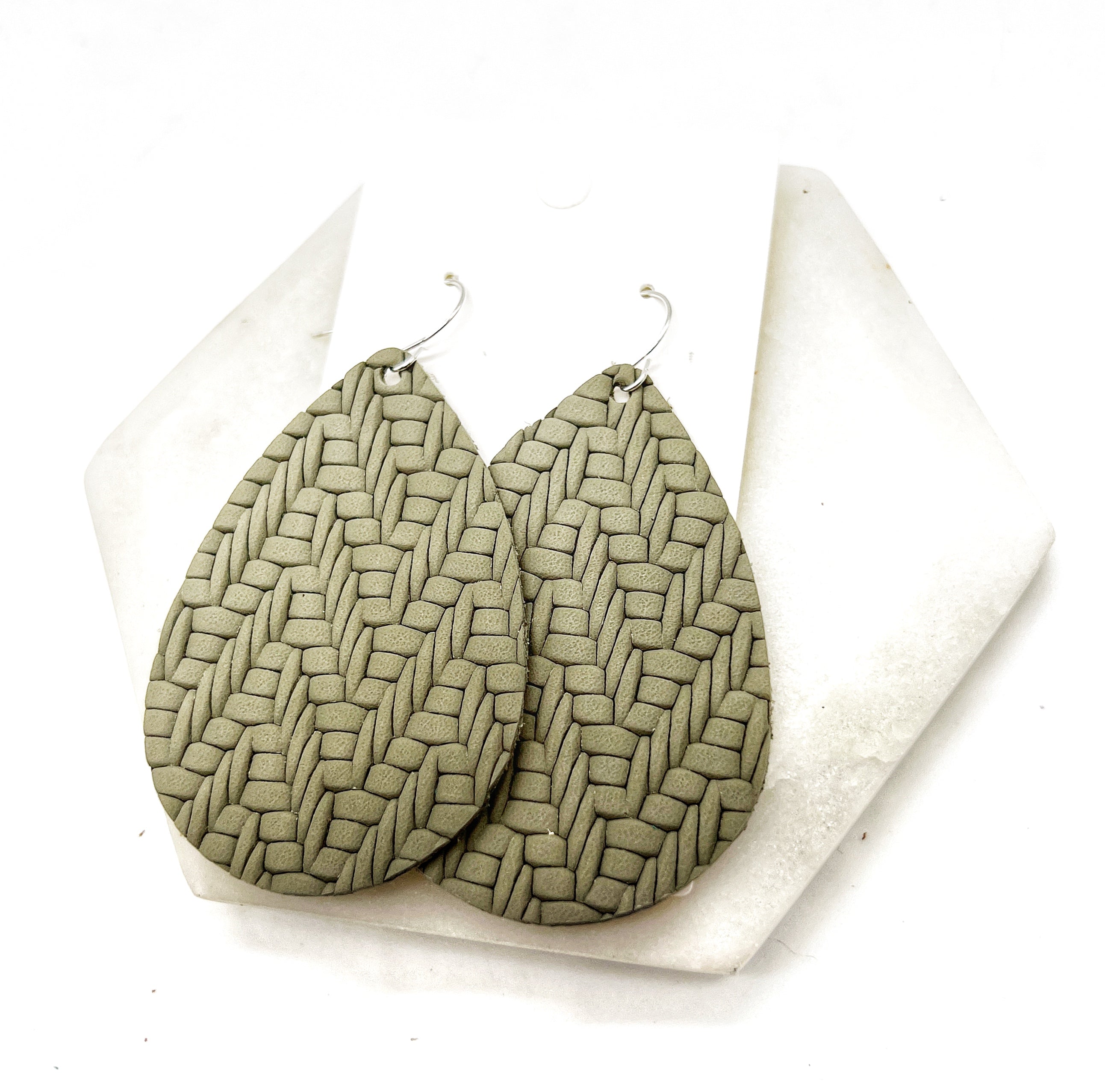 Olive Green Knit Leather Teardrop Earrings