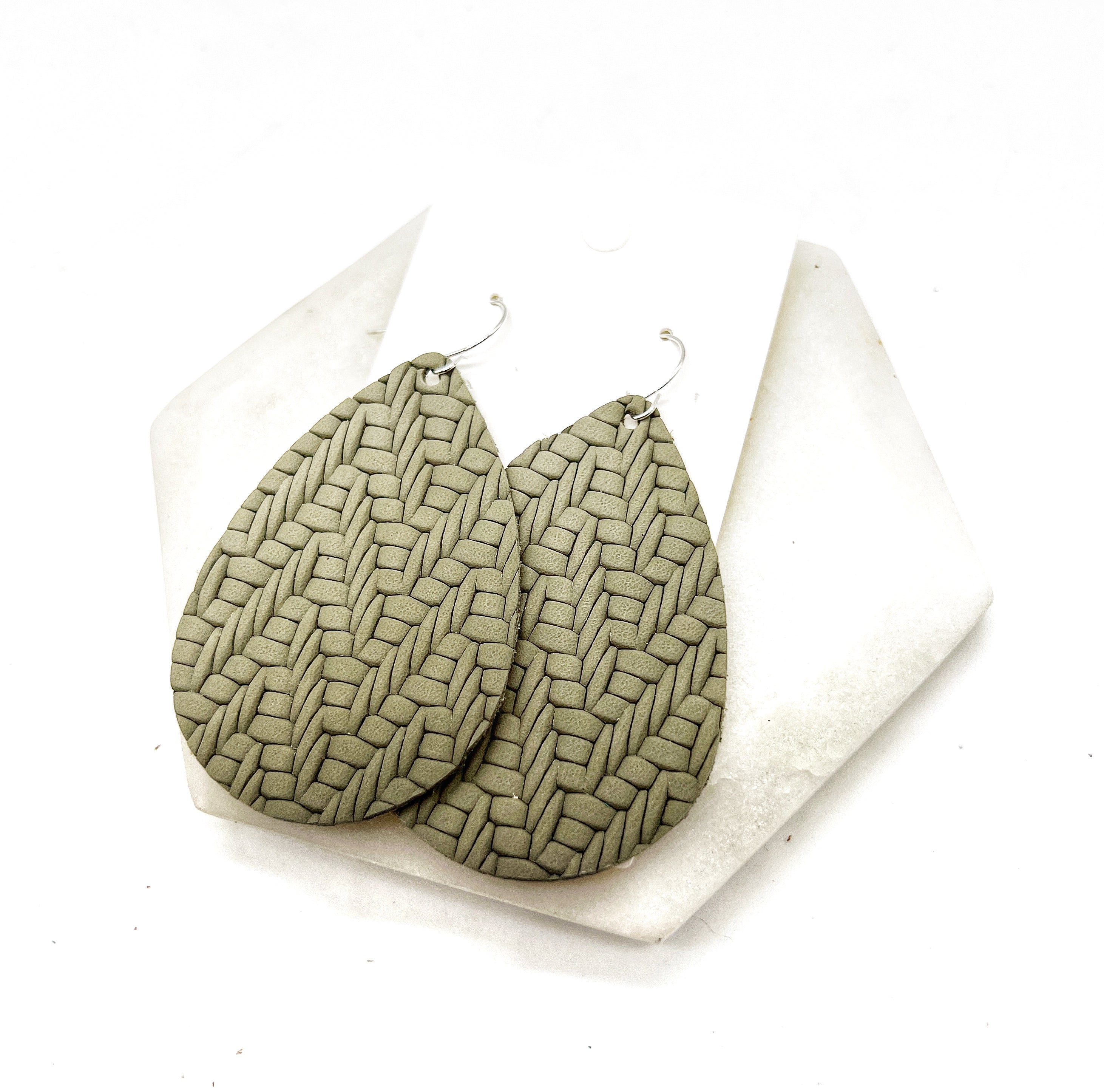 Olive Green Knit Leather Teardrop Earrings