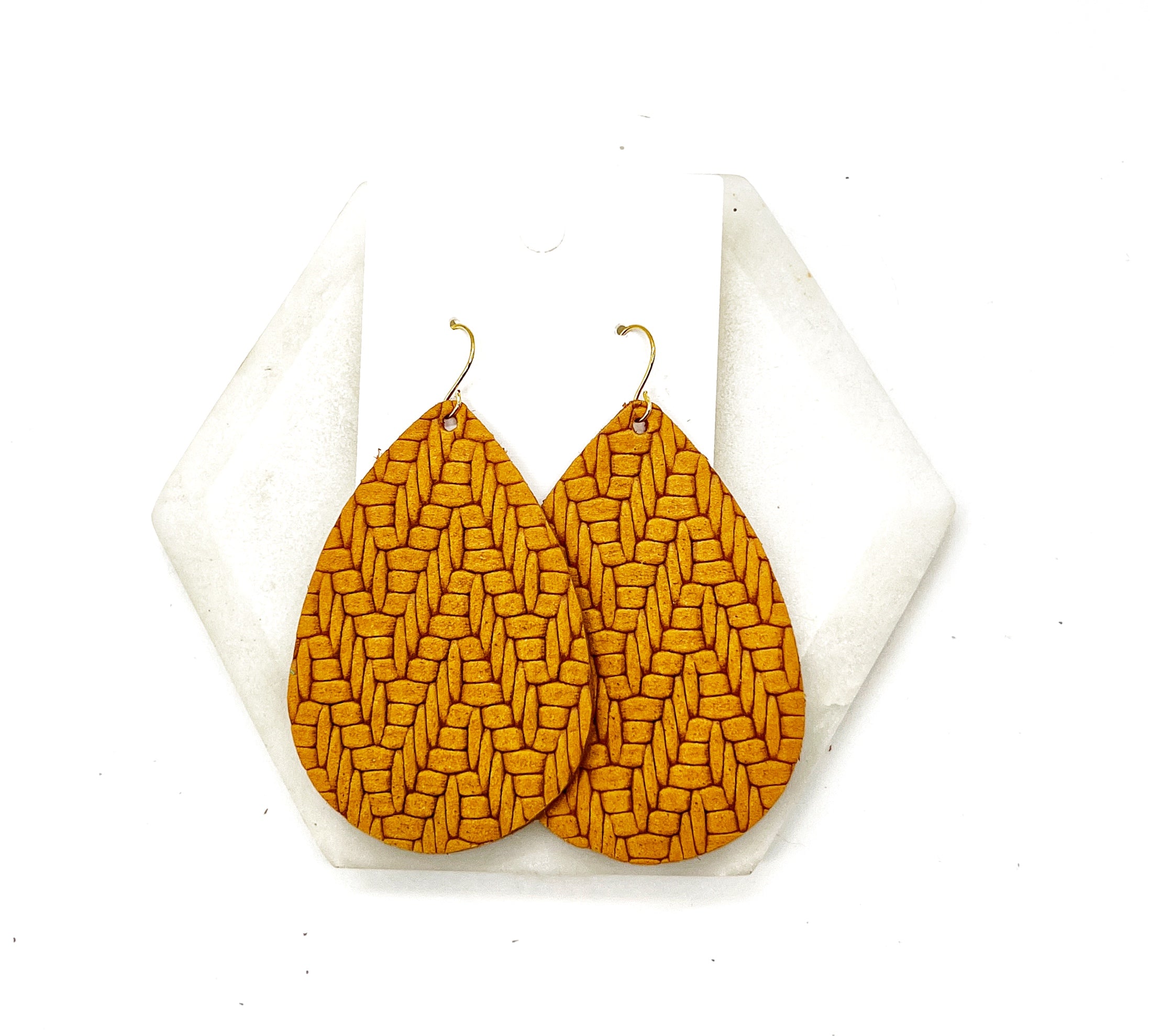 Mustard Yellow Knit Leather Teardrop Earrings