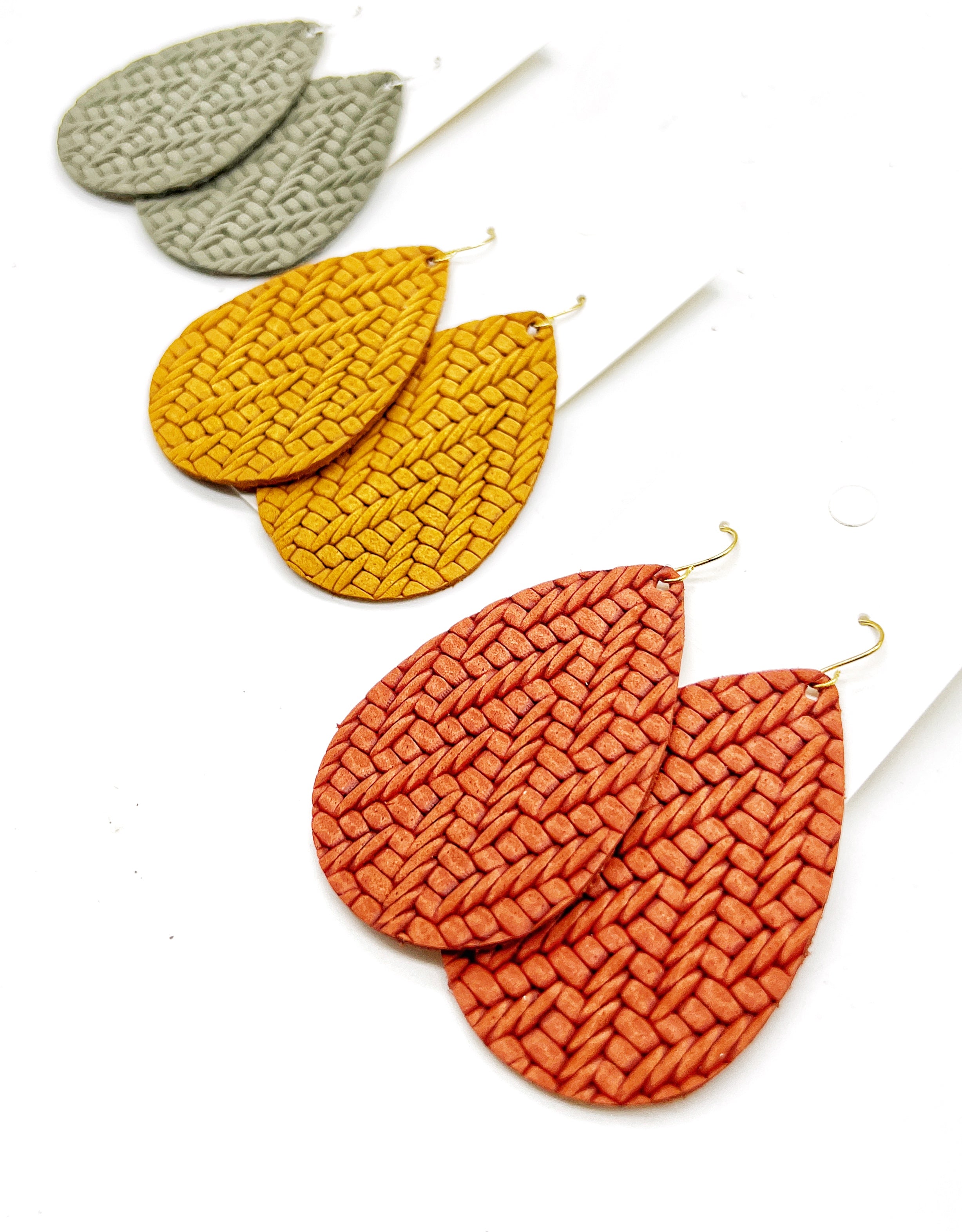 Olive Green Knit Leather Teardrop Earrings