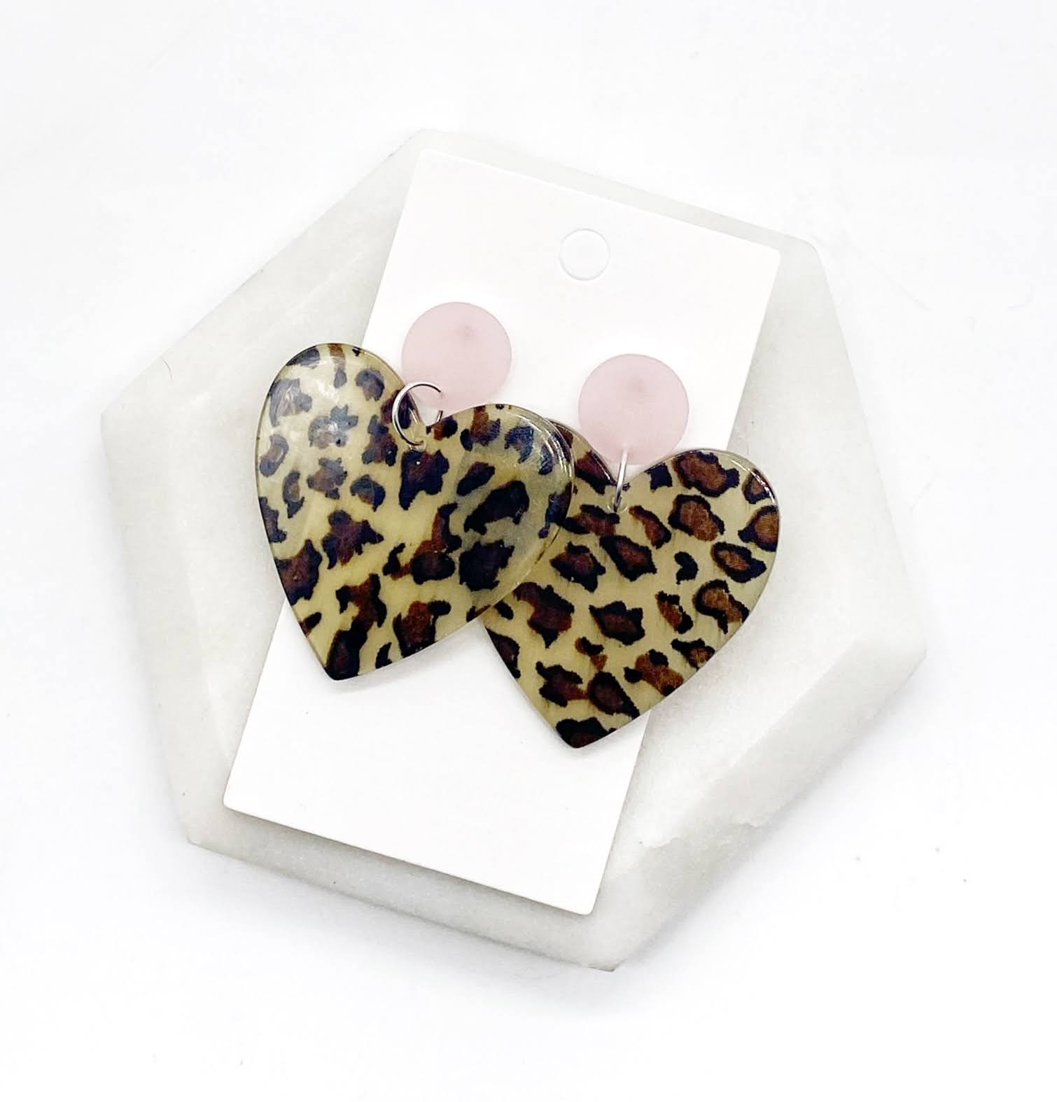 Pink Leopard Heart Acrylic Earrings