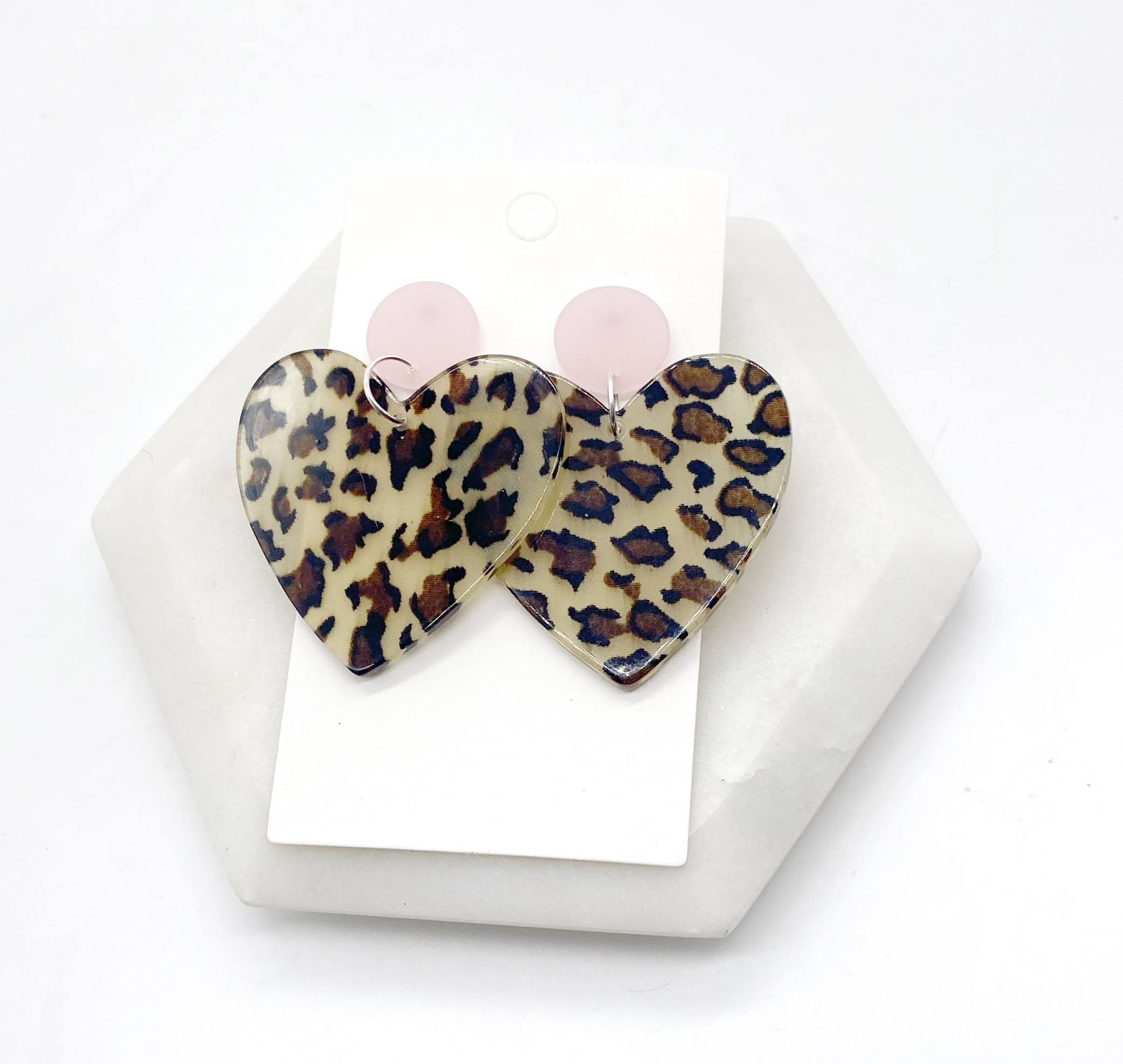 Pink Leopard Heart Acrylic Earrings