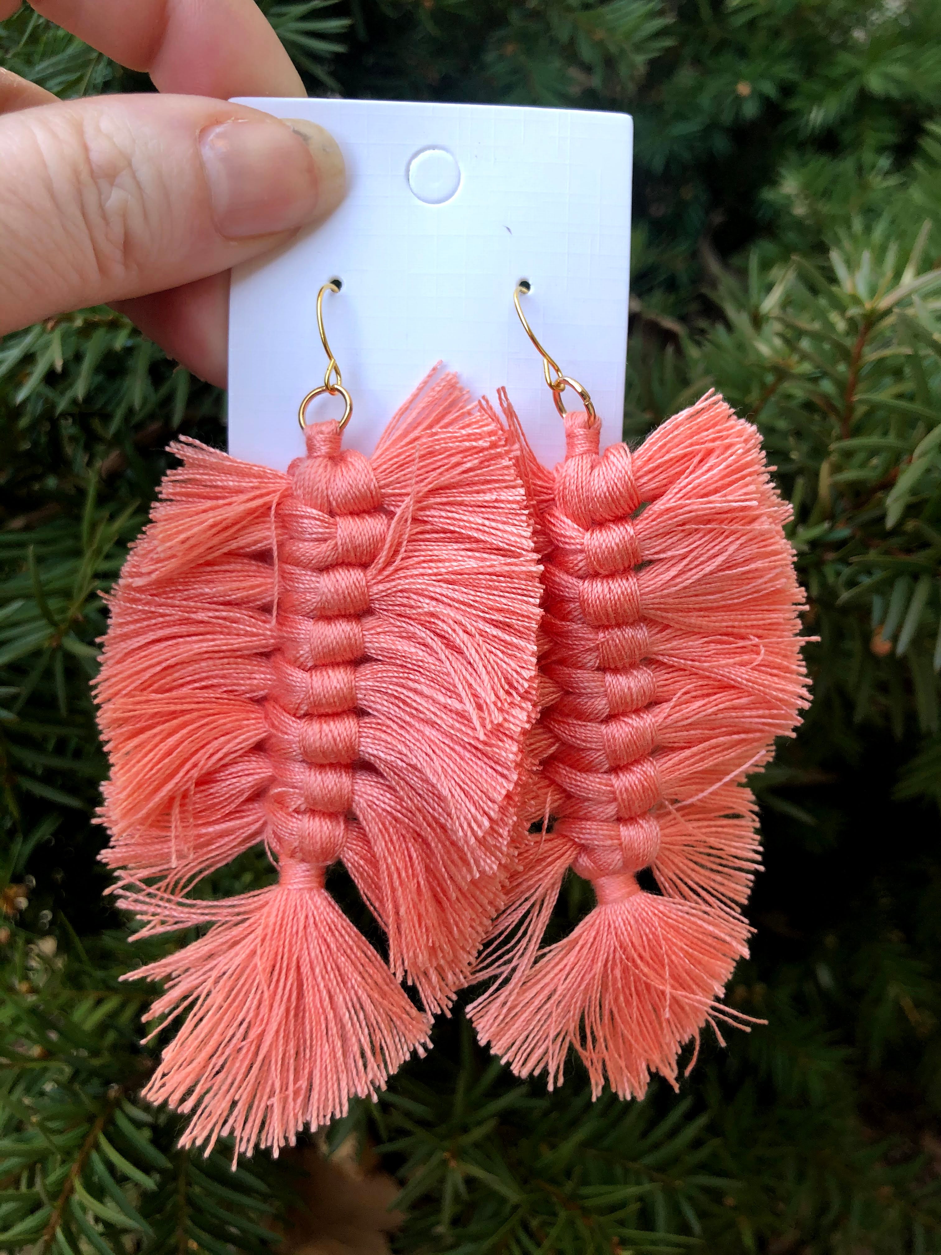 Coral Macrame Leaf Earrings