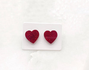 Red Heart Glitter Stud Earrings