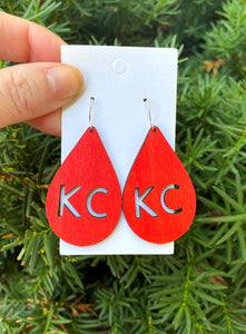 Red KC Chiefs Wood Teardrop Earrings