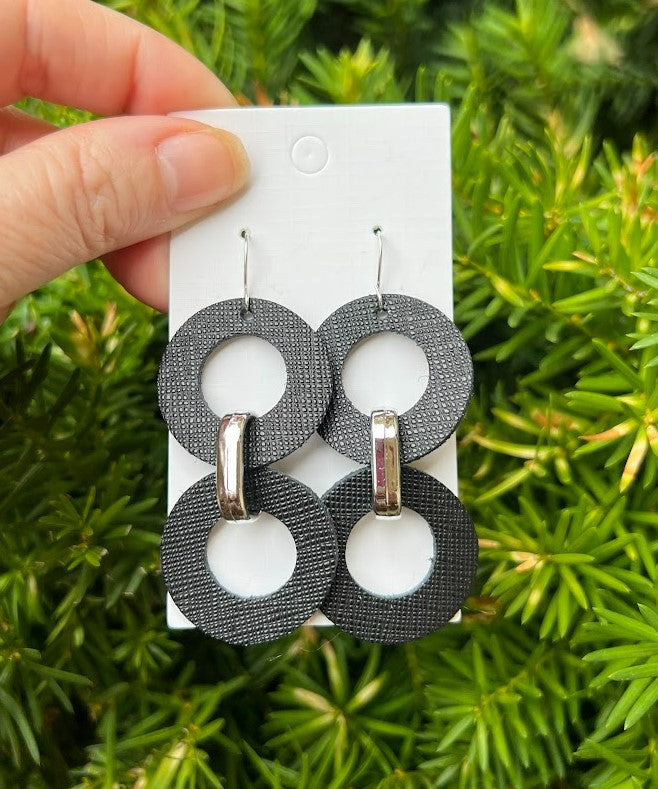 Black Leather Circle Duo Earrings