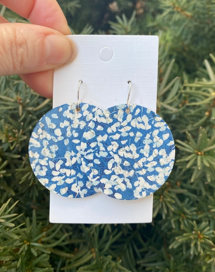 Blue Floral Disc Leather Earrings