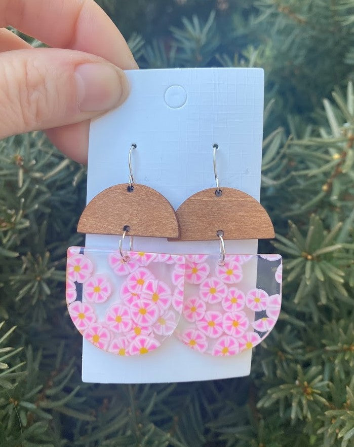 Pink Daisy Acrylic and Wood Deco Earrings