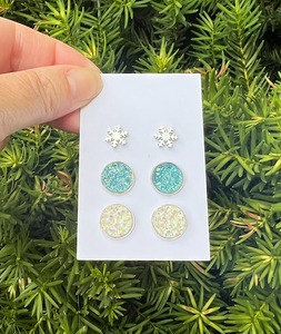Frozen Winter Druzy Stud Trio Earrings