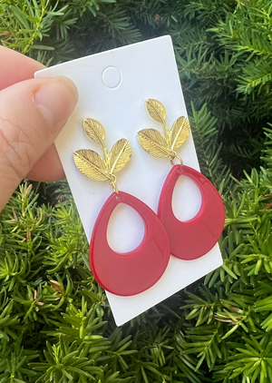 Red and Gold Leaf Teardrop Earrings