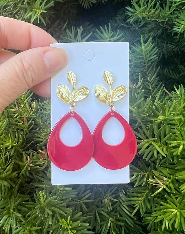 Red and Gold Leaf Teardrop Earrings