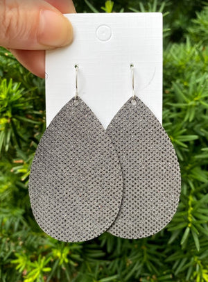 Grey Sparkle Leather Teardrop Earrings