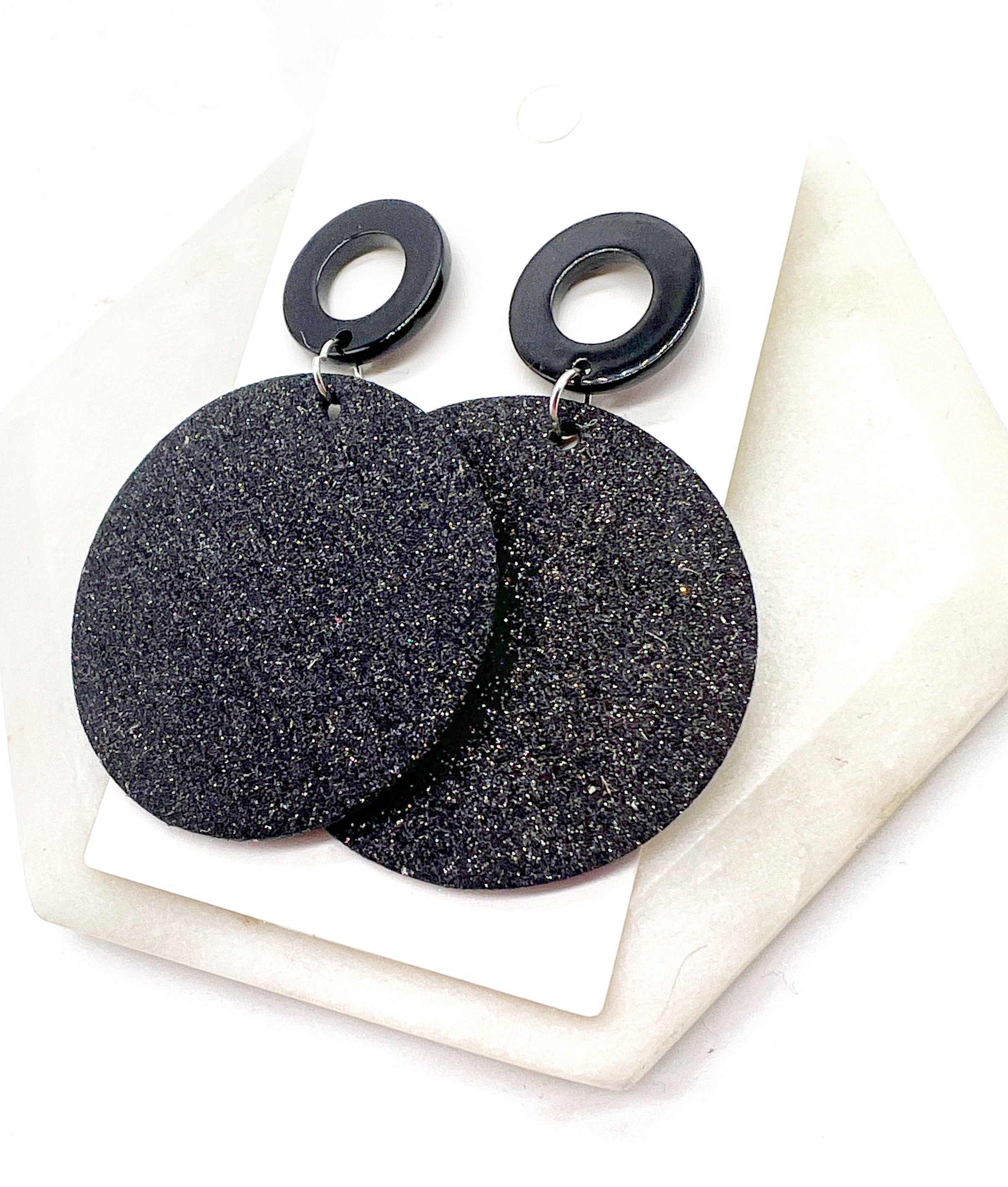Black Glitter Disc Earrings