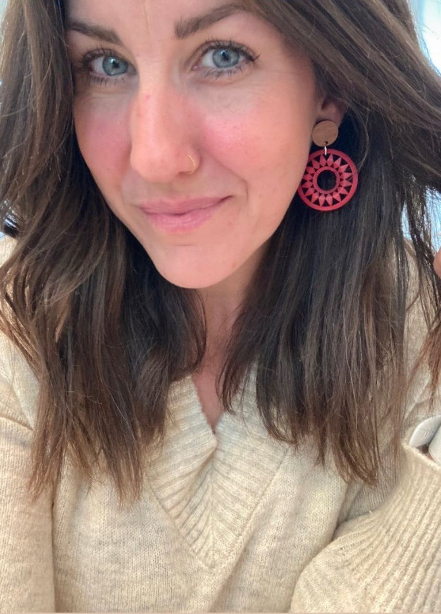 Red Sunburst Wood Earrings