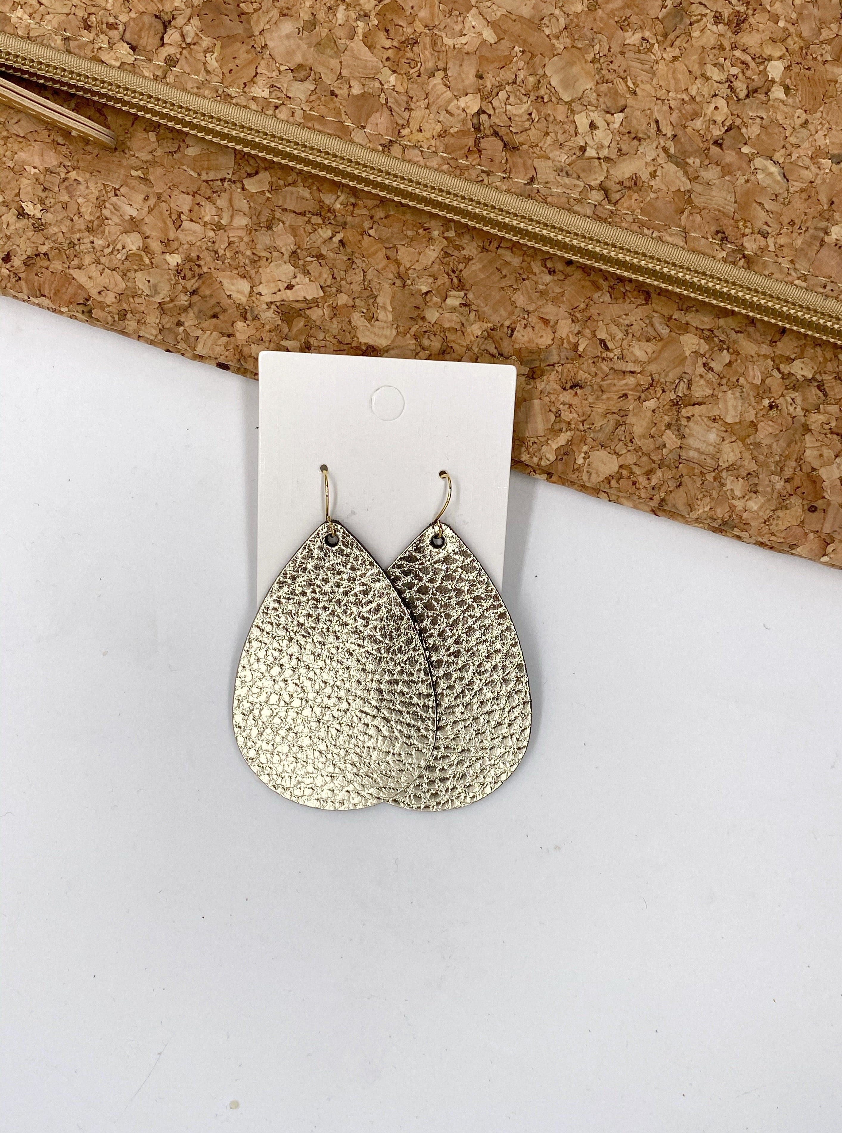 Hammered Gold Teardrop Leather Earrings