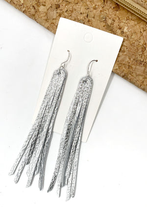 Silver Long Fringe Leather Earrings