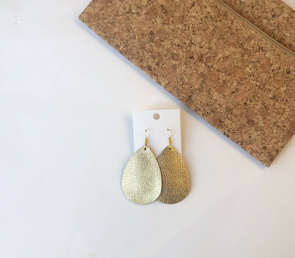 Gold metallic Leather Teardrop Drop Earrings