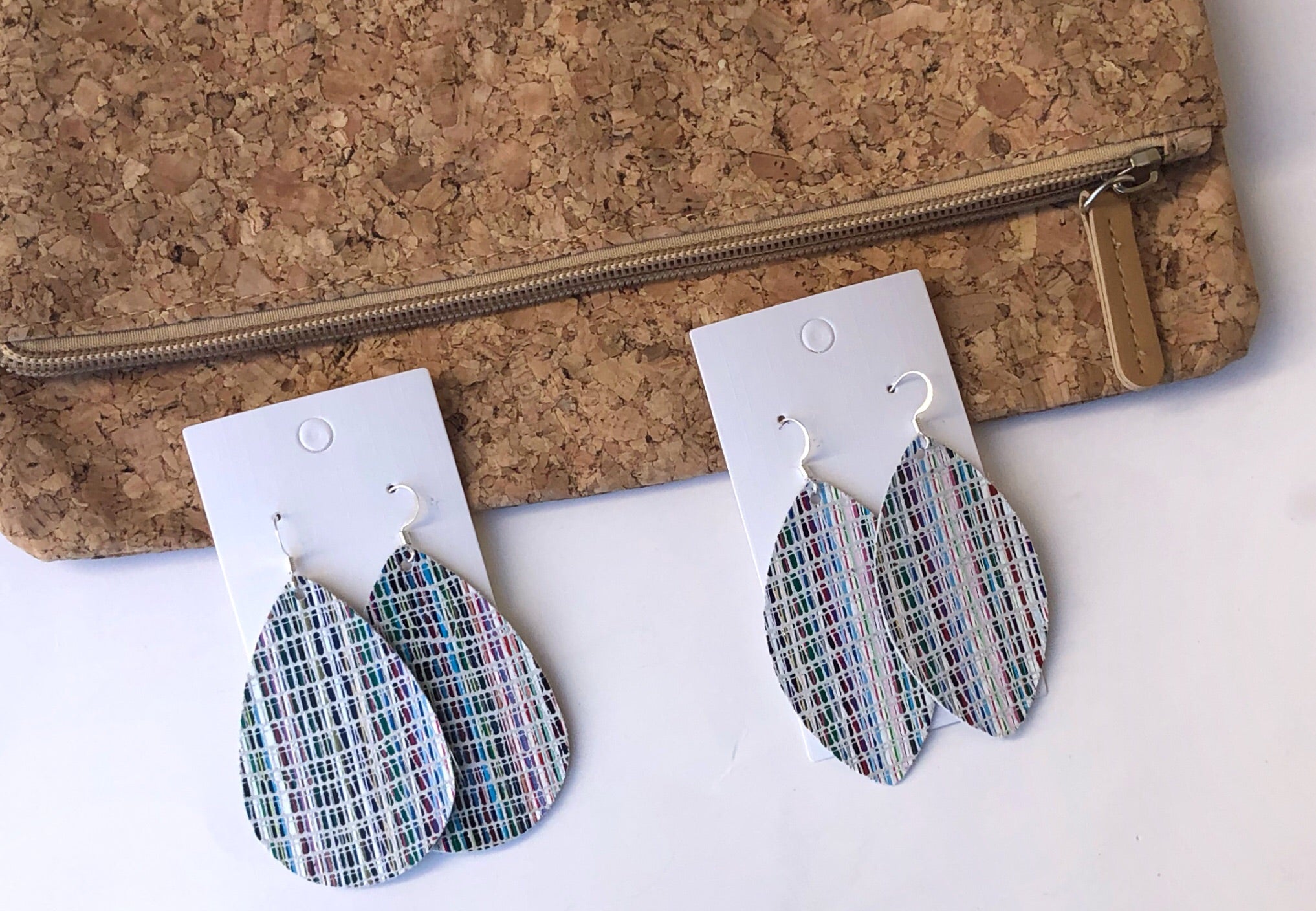 White Rainbow Distressed Marquis Leather Earrings