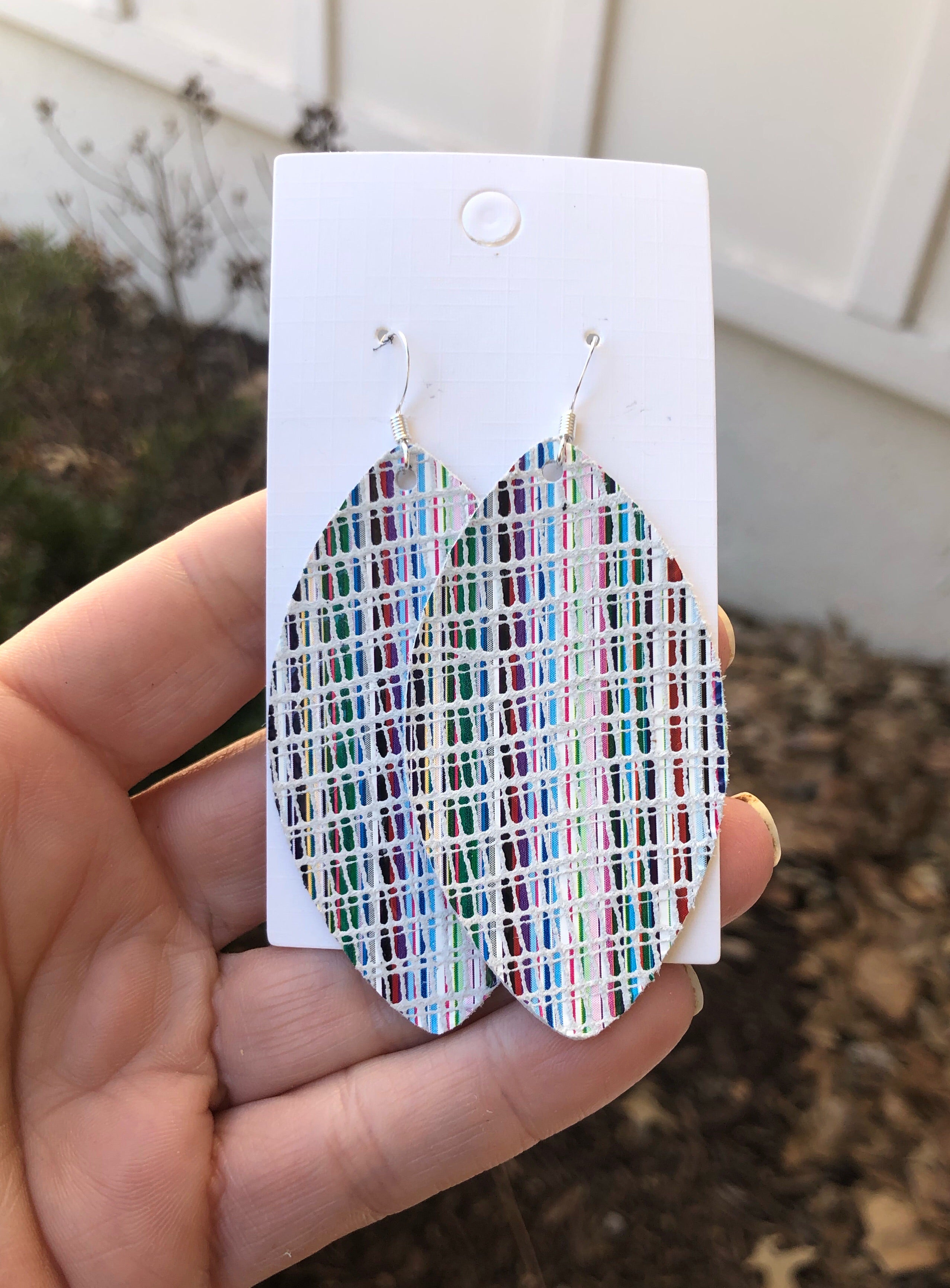 White Rainbow Distressed Marquis Leather Earrings