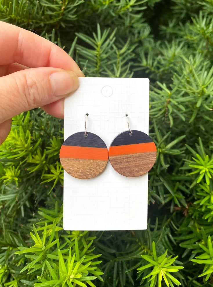 Orange Navy Stripe Wood Disc Earrings