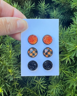 Orange Buffalo Plaid Druzy Earring Trio
