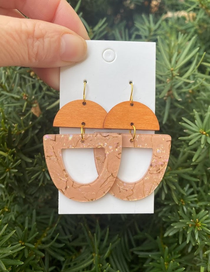 Pink Opal Acrylic and Wood Deco Earrings