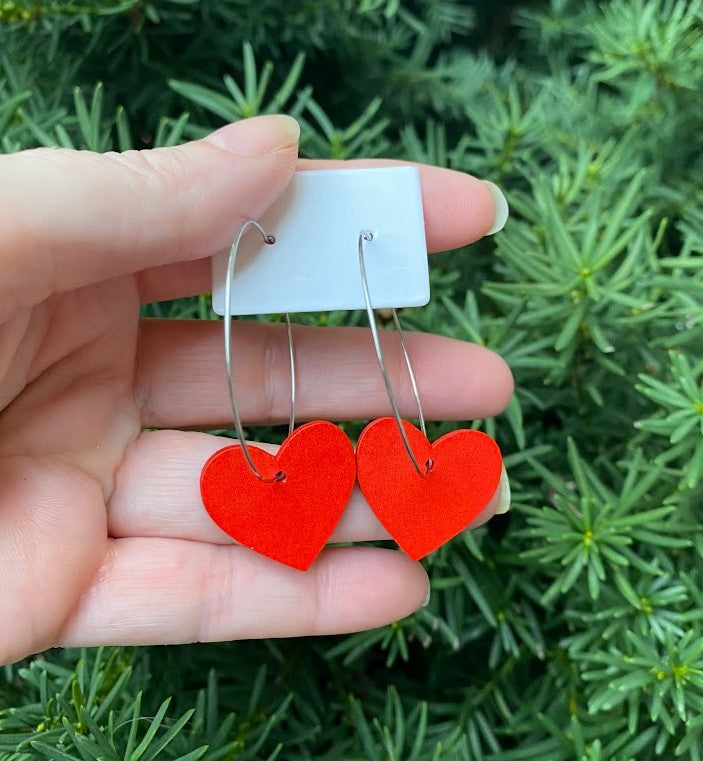 Red Wood Heart Hoop Earrings