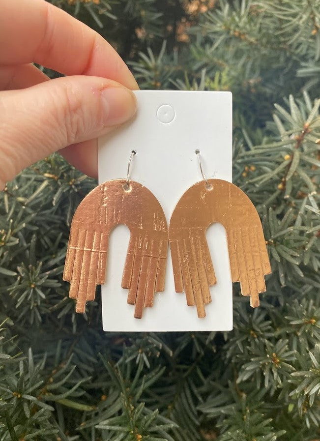 Rose Gold Cork Falling Arch Leather Earrings