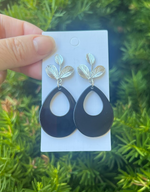 Black and Silver Leaf Teardrop Earrings