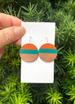 Teal Orange Stripe Wood Disc Earrings